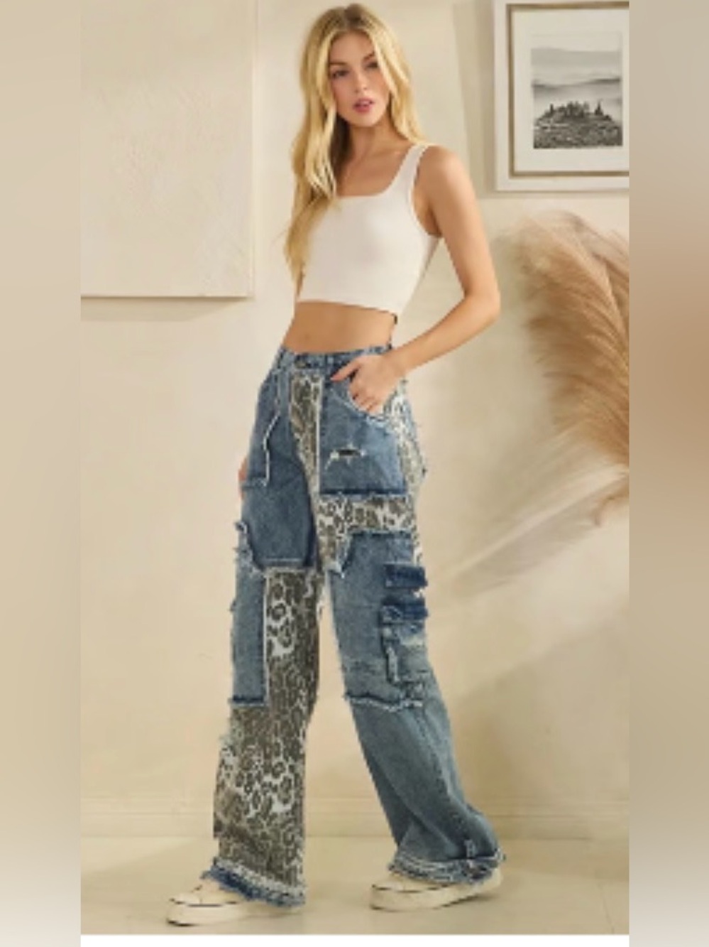 Spot On Leopard Print Women's Jeans - Denim Patch Detail - Picture 5 of 7
